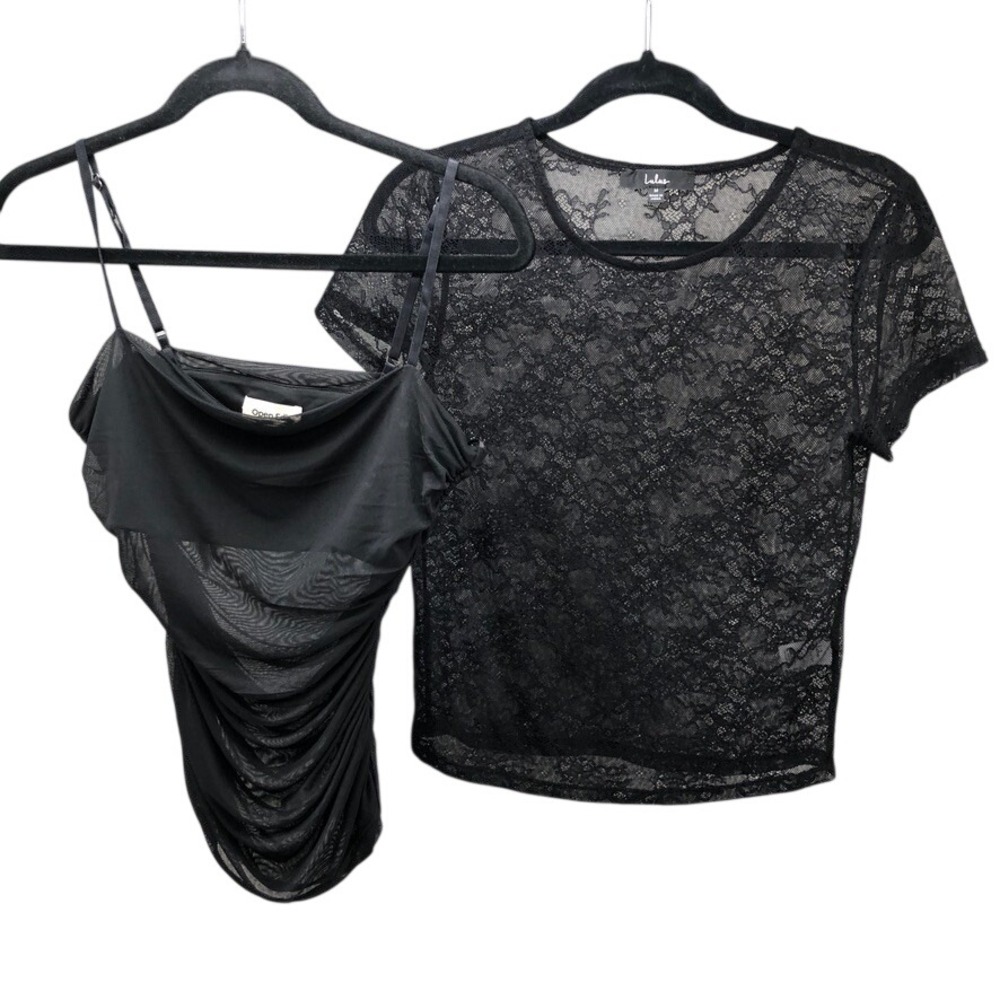 Lulus Open Edit Tops Womens Medium Black Lace Sheer Ruched Camisole Set Party